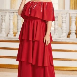 Off the Shoulder Maxi Dress with Pearls